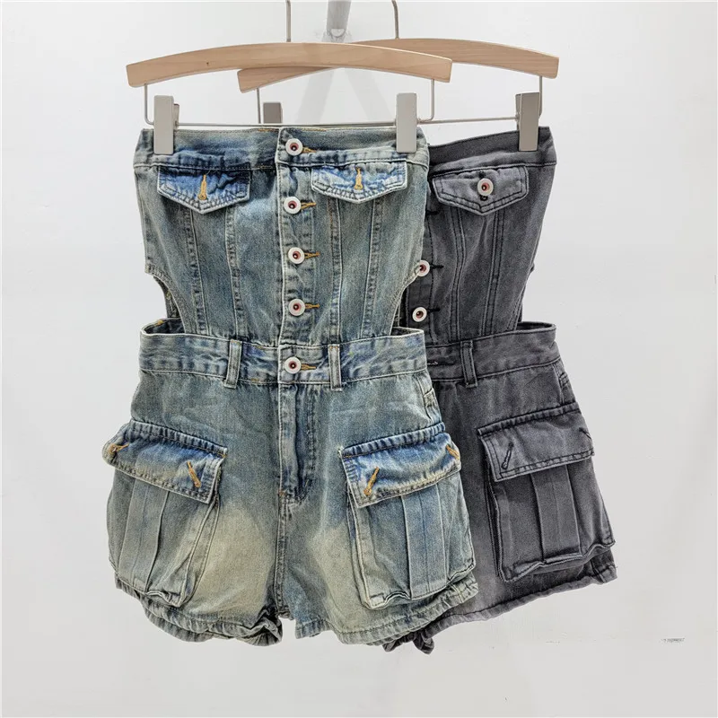 [EWQ] European Trend Women Single Breasted Hollow Waist Strapless Gray Denim Jumpsuit Clothing Wide Leg And Large Pocket 16U8917