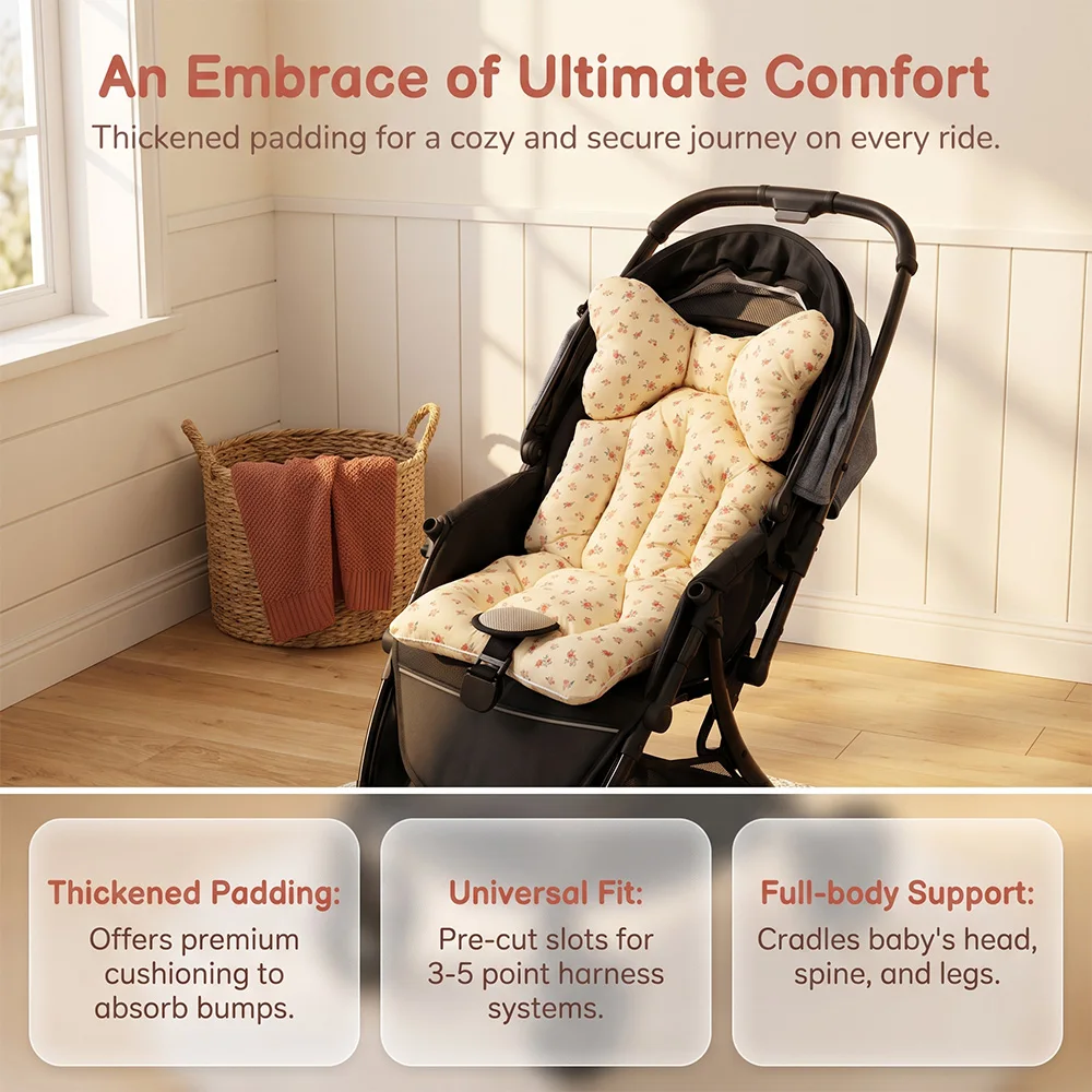Thickened Cotton Pad for Baby Strollers, Universal for All Seasons, Bow-Shaped Neck Pillow, Skin-Friendly Baby Stroller and High Chair Cushion