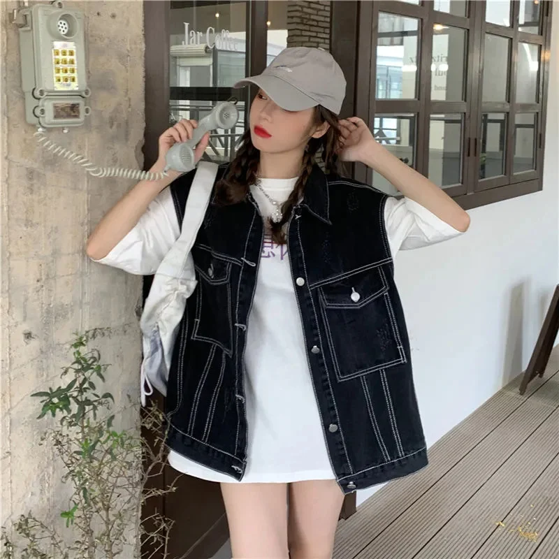 

Denim Vest Women's Design Sense Niche Spring Wear Loose Outer Wear Retro Folded Foreign Style Sleeveless Vest Top