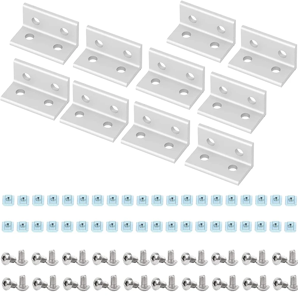 10pcs 2040 4 Holes L Shape Corner Bracket Fitting 90 Degree Connector with T Nuts and Hex Screw for Aluminum Extrusion Profile