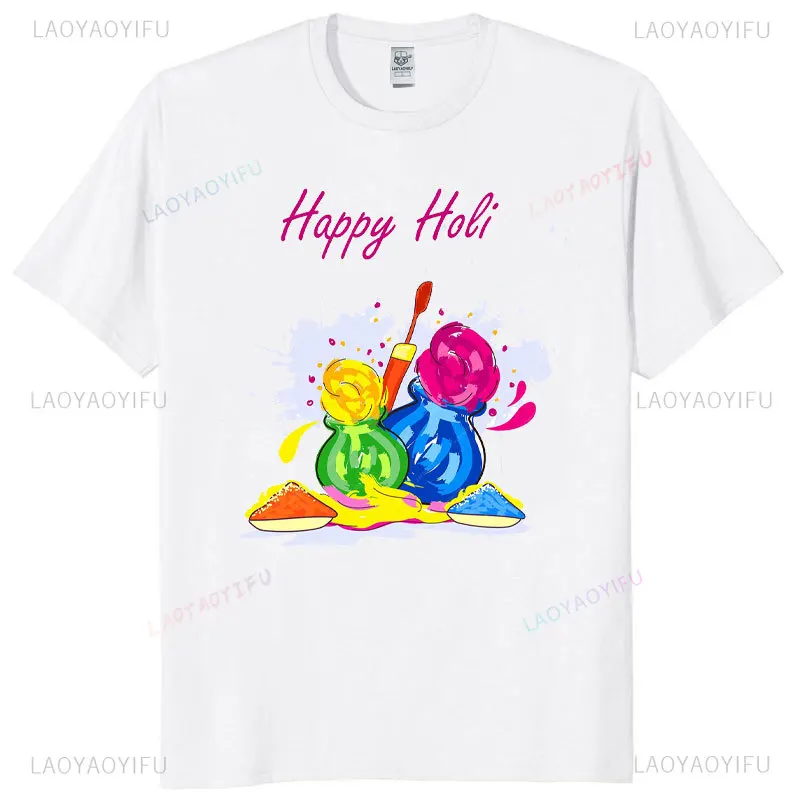 

Хлопковая футболка Happy Holi Festival с религиозным винтажным принтом, индийский Новый год, весна, унисекс, повседневная повседневная одежда, красочный дизайн ‌ ‌