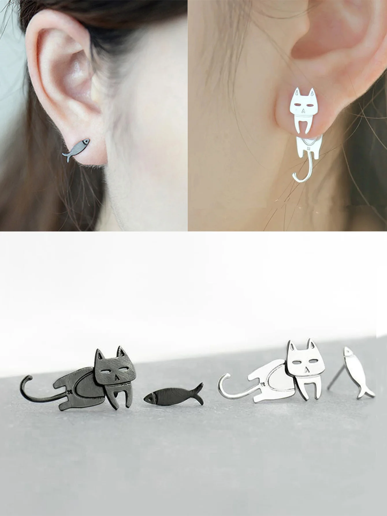 2pcs Cat Fish Shaped Ear Stud for Women Girl Alloy Tragus Cartilage Helix Stud Cute Fashion Ear Lobe Earring Piercing Jewelry