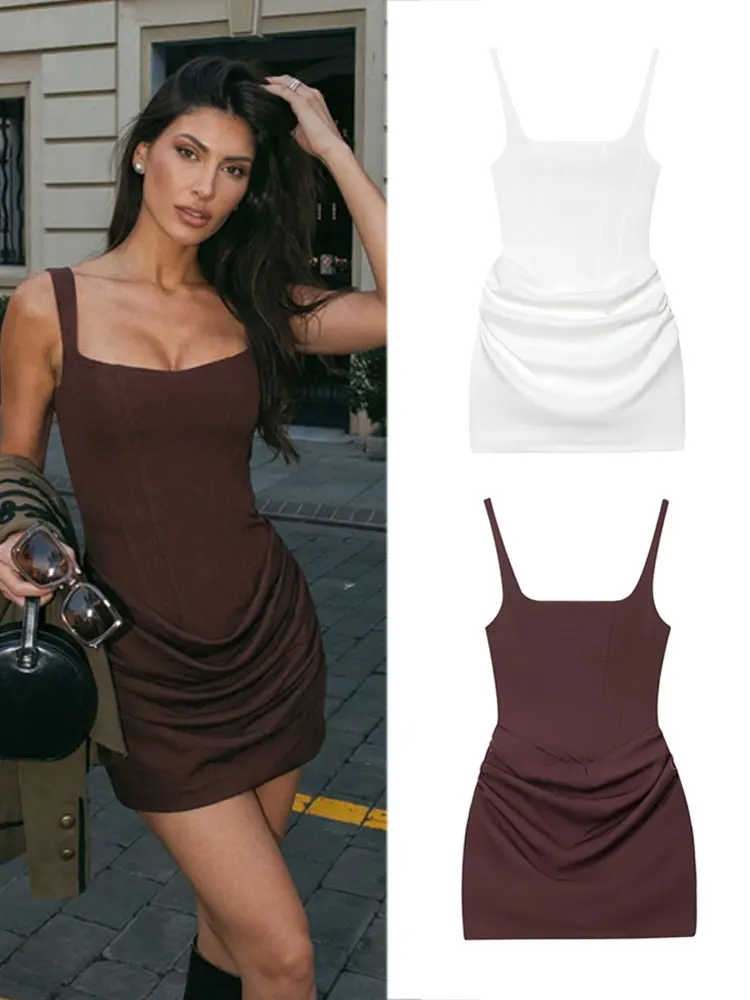 HH Damen Sexy Plissiertes Minikleid Quadratischer Ausschnitt Ärmellos mit Trägern Sommerkleid Vintage Party Urlaub Strandkleid Vestidos