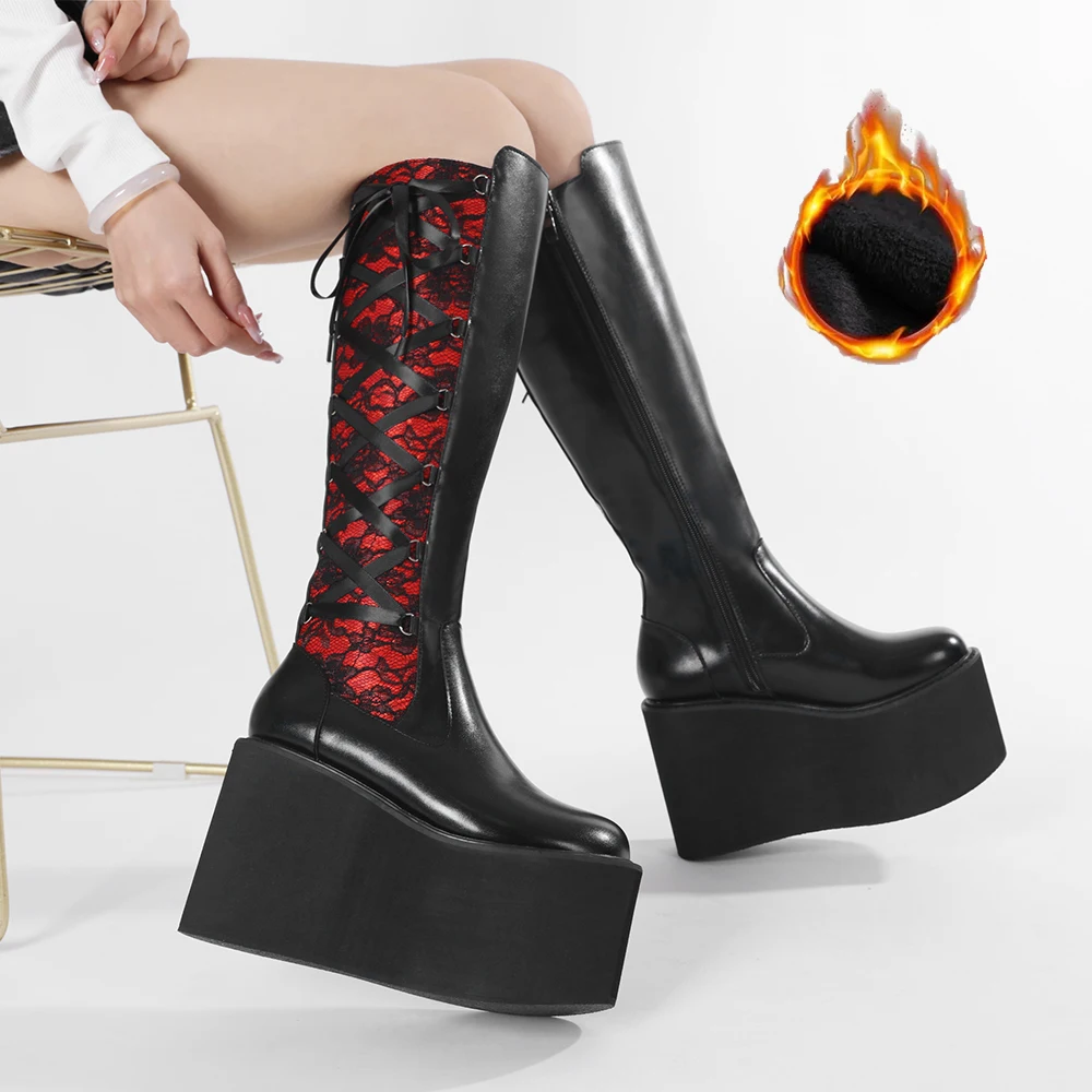 

Gdgydh Women's Retro Floral Lace-Up Knee-High Winter Boots with Thick Wedge Heel Side Zipper Cowgirl Boots Semiformal Footwear