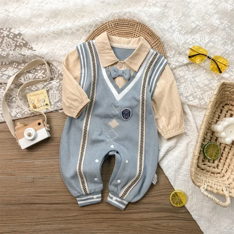 Baby Boy Romper Long Sleeves Blue Apricot Patchwork Bowtie Turn-down Collar Jumpsuit Infant Gentleman Clothes E2205