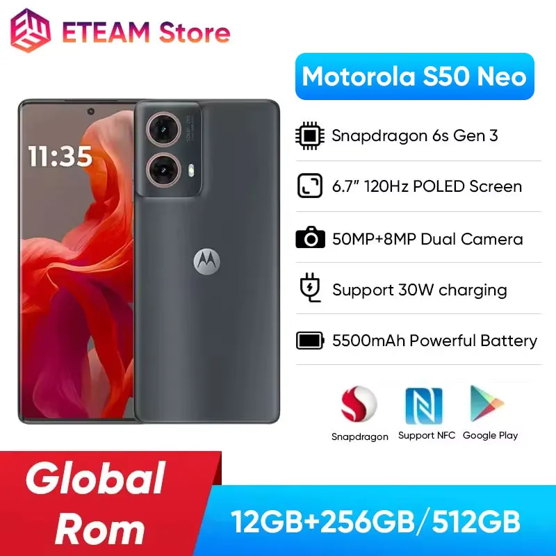 Global ROM Motorola S50 Neo 5G NFC Snapdragon 6S Gen 3 6.7'' 120Hz pOLED Display 50MP OIS Camera 5000mAh Battery 30W Charger