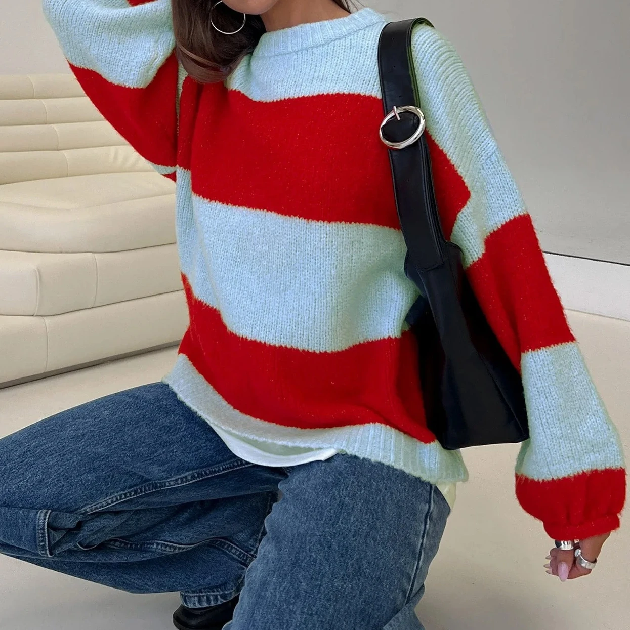 

Patchwork Striped Women Fall Winter Knit Pullovers Long Sleeve Loose Fitted Sudaderas De Mujer Quality Sweaters
