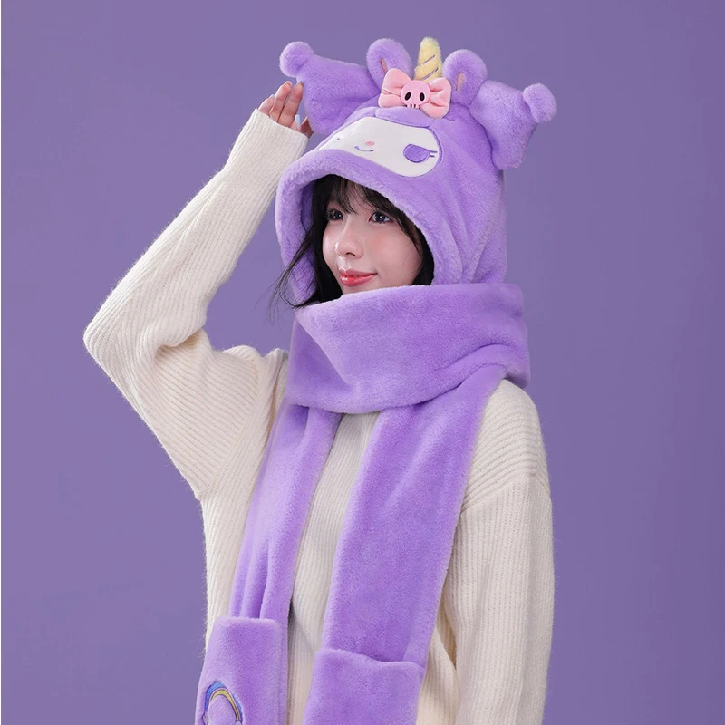 

Miniso Kuromi Winter Teenage Girls Boy Cartoon Hat Scarf Gloves Three-Piece Pupil Cap 3-In-1 Woman Headcap Mother-Girl Warm Gift