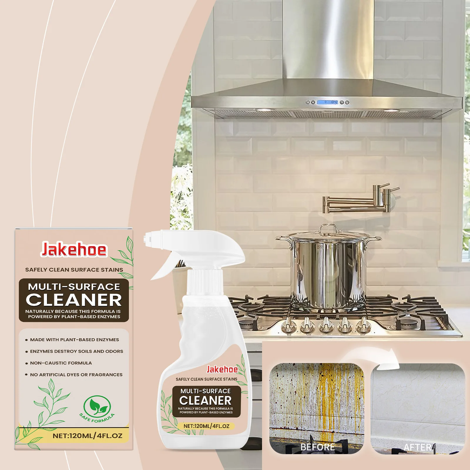 

Powerful Plant-Based Multi-Surface Cleaner 120ml for Kitchen Grease Stains on Hood Sink Countertop Tiles & More