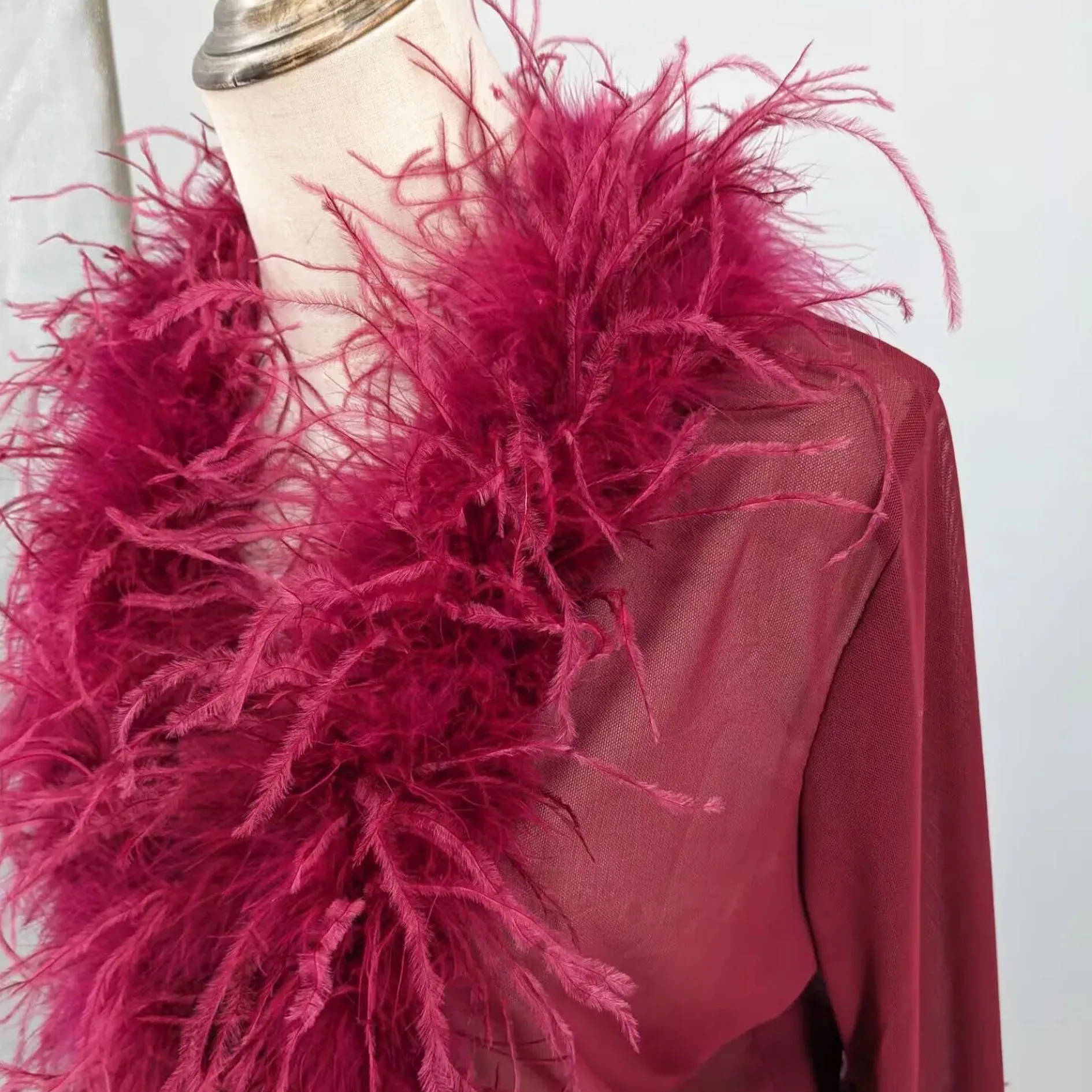 Women See-Through Top with Real Ostrich Feather Brown Black Cropped Jacket Top Bolero 240711