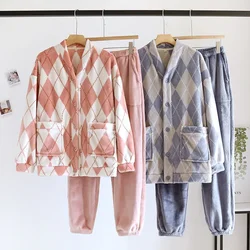 Pyjama japonais deux pièces en flanelle épaissie pour homme et femme, vêtements de nuit, automne et hiver, col en v