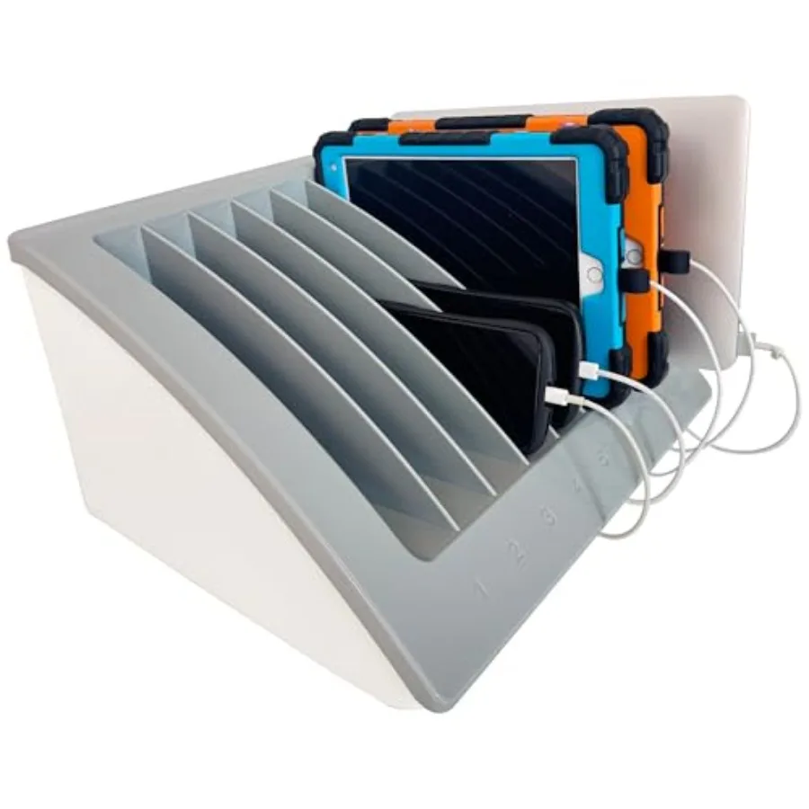 

8-Device Laptop Tablet Charging Station for Classroom, Office Library Durable ABS Plastic, Black, Surge Protection, Cable Manag