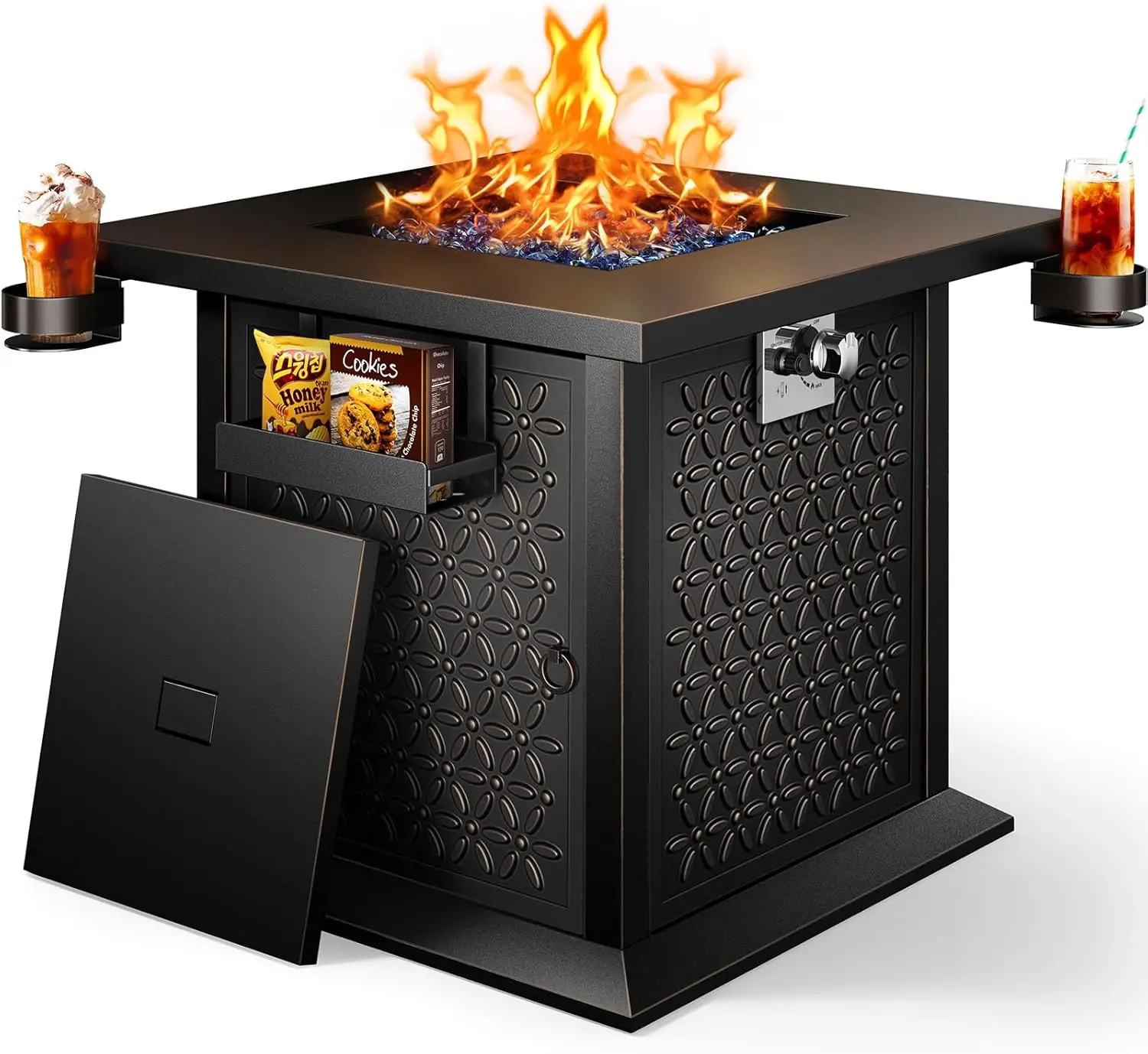 

50,000 BTU Gas Fire Pit with Glass Stones & Nylon Dust Cover, Quick Ignition System, Patio/Porch/Deck Fire Pit