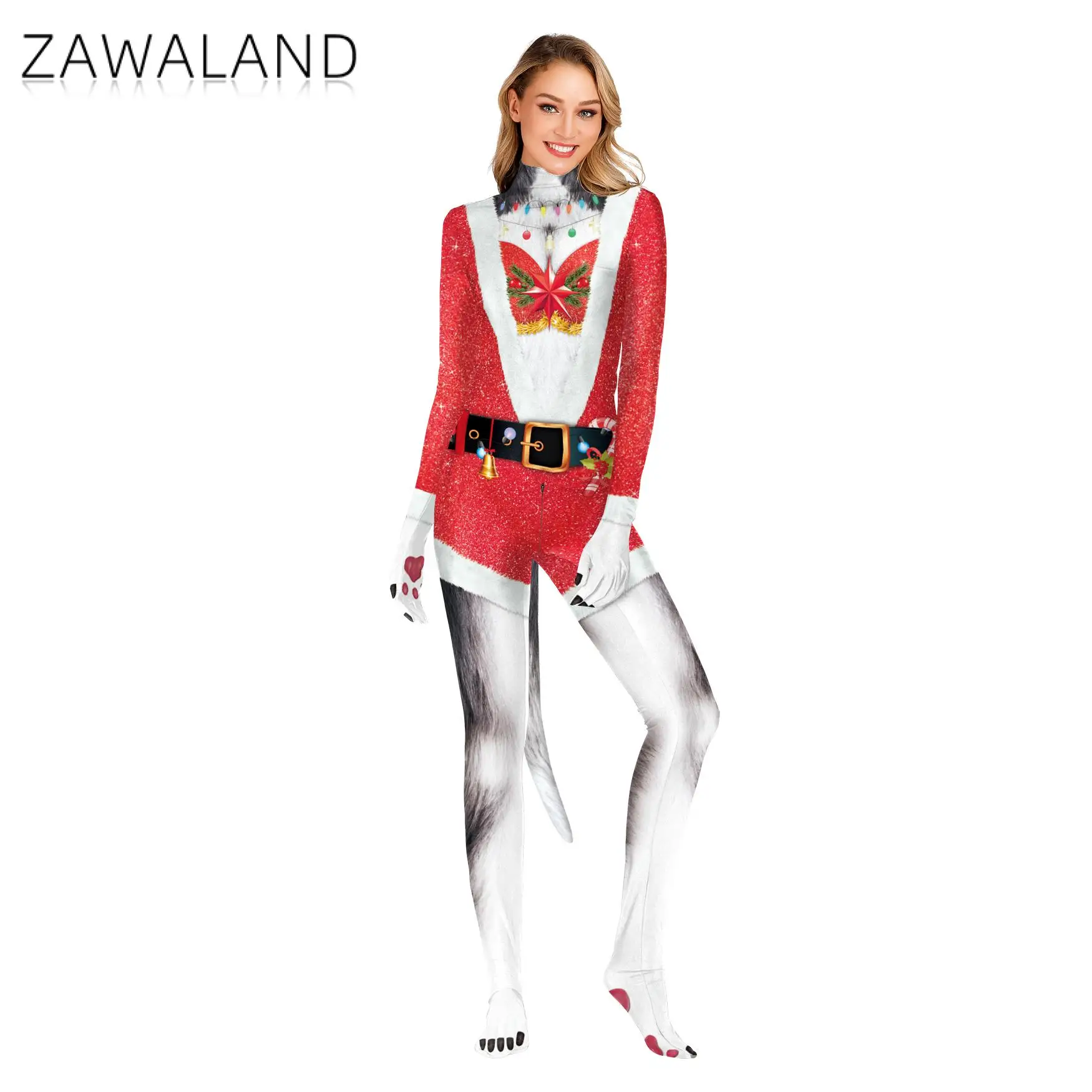 Zawaland Santa Claus Petsuit Men Women Christmas Cosplay Costume Sexy Zentai Bodyuist Holiday Party Catsuit Adult Clothes Suit