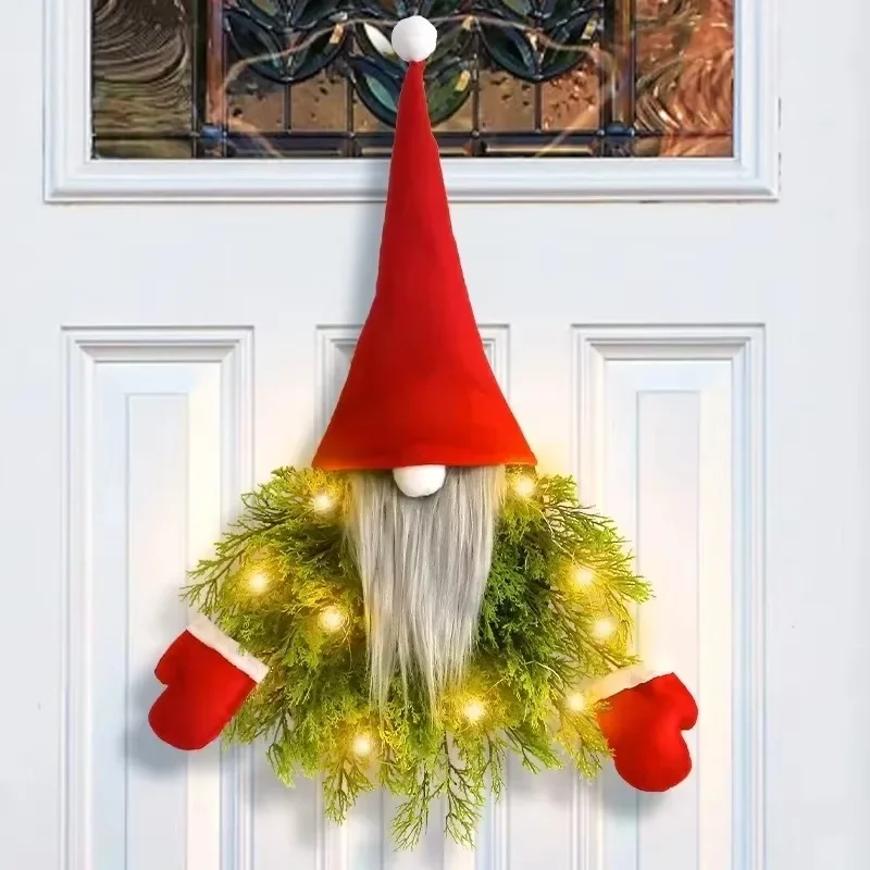 Christmas Wreath Lighted Gnome Christmas Door Wreath Santa Xmas Hanging Sign for Door Window Wall Decor Farmhouse Home Decor