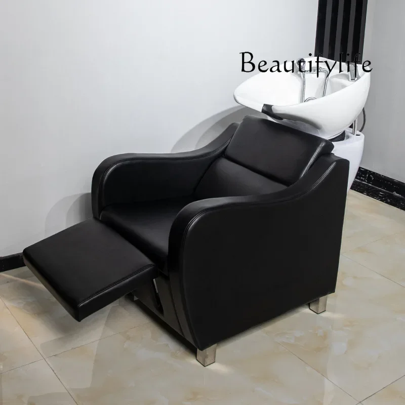 Y Shampoo Bed Barber Shop Special Stainless Steel Semi-lying Shampoo Bed Ceramic Deep Basin Hair Salon Hair Salon Flush Bed