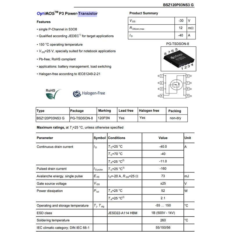 BSZ120P03NS3G TSDSON-8 120P3N BSZ120P03N 40A 30V P-channel power transistor field effect transistor