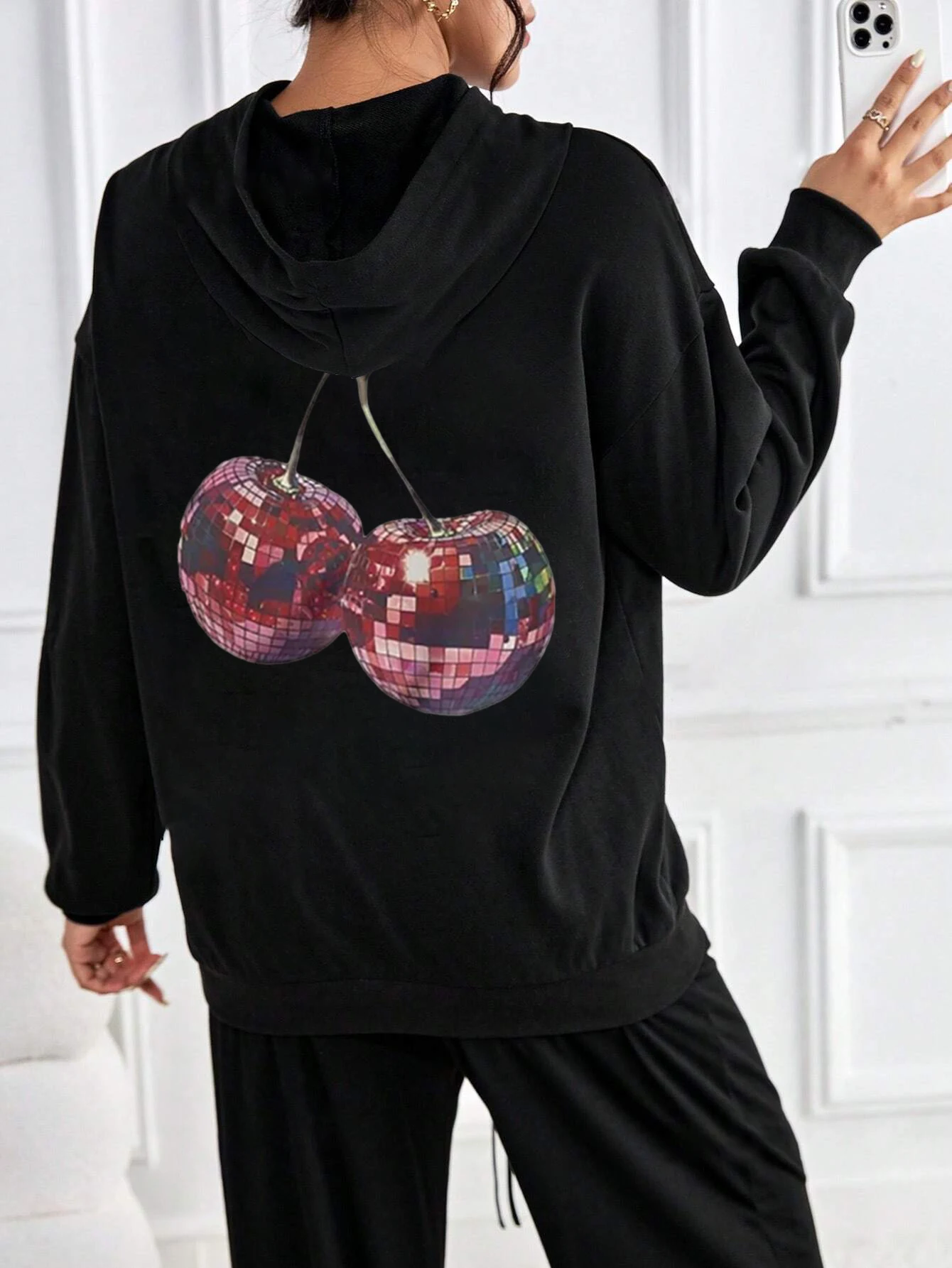 2024 Sparkling Cherry Ball original Print felpa con cappuccio felpa con coulisse in pile sciolto da donna New Y2K high street fashion clothing