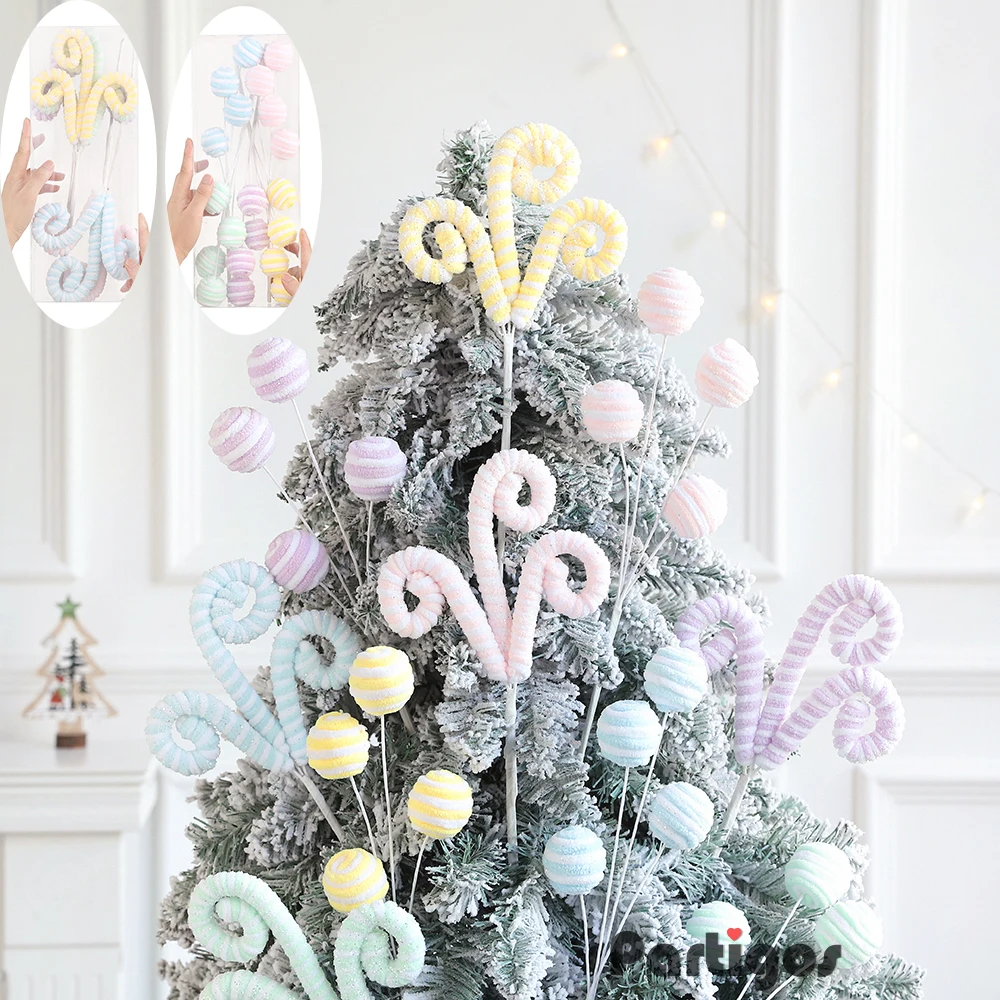 1Set Christmas Macaron Ornament Lollipop Bouquet Ball Wool Branches Twister Twig New Year Gift Navidad Home Vase Xmas Tree Decor