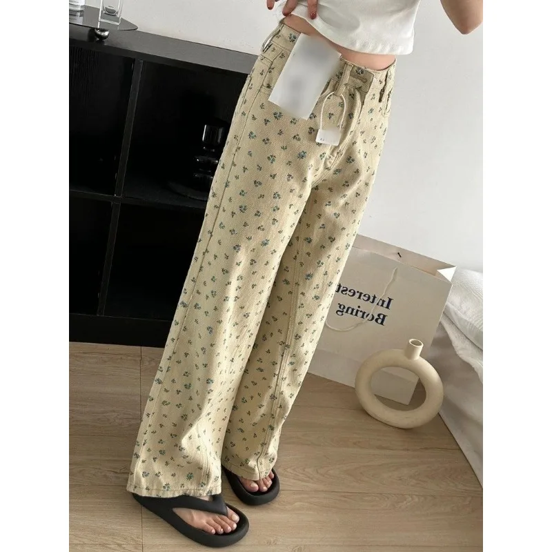 الرجعية الأزهار مستقيم الجينز المرأة الجديدة النمط الأمريكي عالية الخصر ضئيلة فضفاضة واسعة الساق السراويل #3