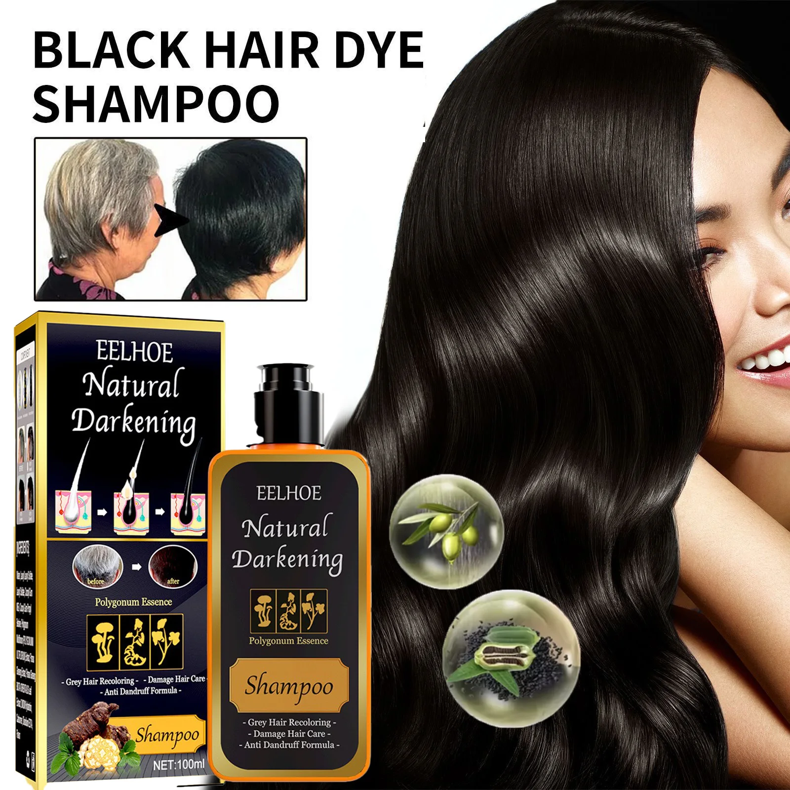 Instant Black Dye Shampoo Black Brown Hair Coloring Natural Herbal Ginseng Hair Repair Shampoo Grey White Hair Dyed Black