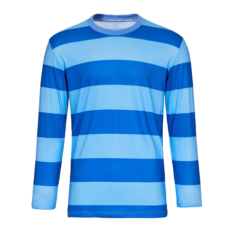 Men Blue's Clues Josh Cosplay Costume  Striped T-Shirt Long Sleeves Casual Tee Shirts Pullover Tops for Halloween