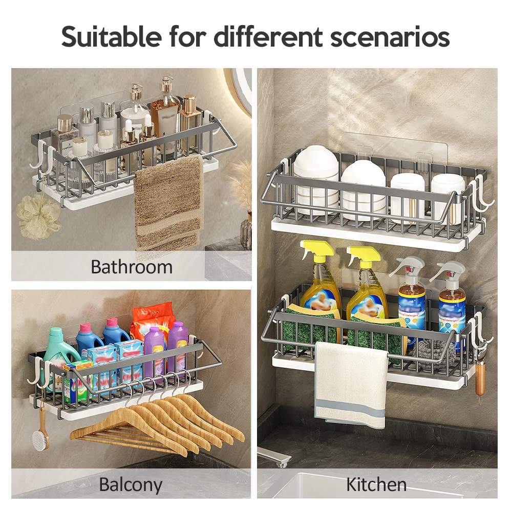 Wall Dishwashing Sponge Holder Kitchen Sink Shelf With Draining Tray Stainless Drain Rack Cutlery Container Kitchen Organizer