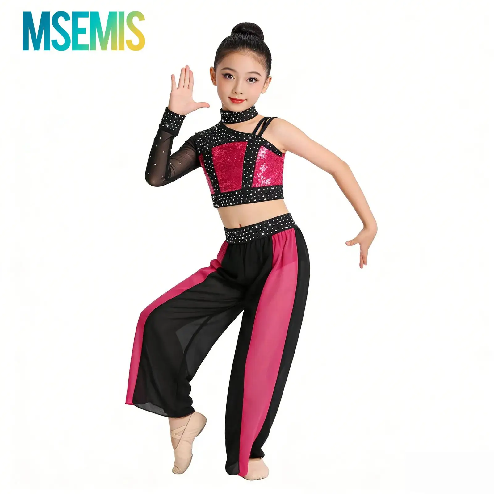 

Детский танцевальный костюм для девочек с пайетками для джаза и лирических танцев, блестящий сценический костюм для хип-хопа, комплект из укороченного топа с длинными рукавами и расклешенных брюк