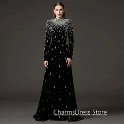 Black Evening Dress with Ivory Pearls Luxury Customized Round Neck Long Sleeves Saudi Arabic Prom Gown Formal Partry Dresses