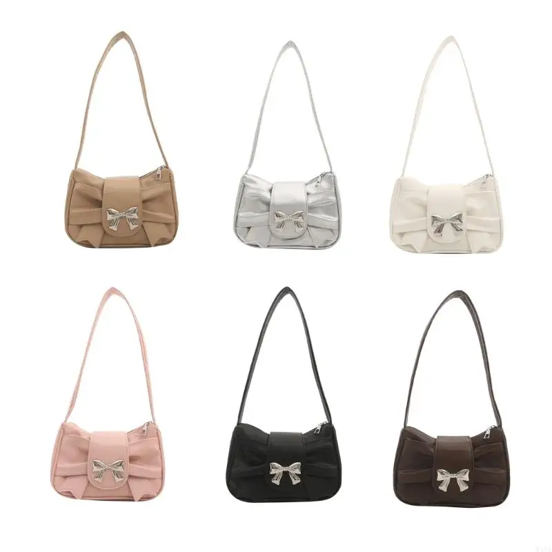 

34YA Women Pleated Armpit Bag Bow Handbag PU Leather Shoulder Bag Girls Underarm Bag