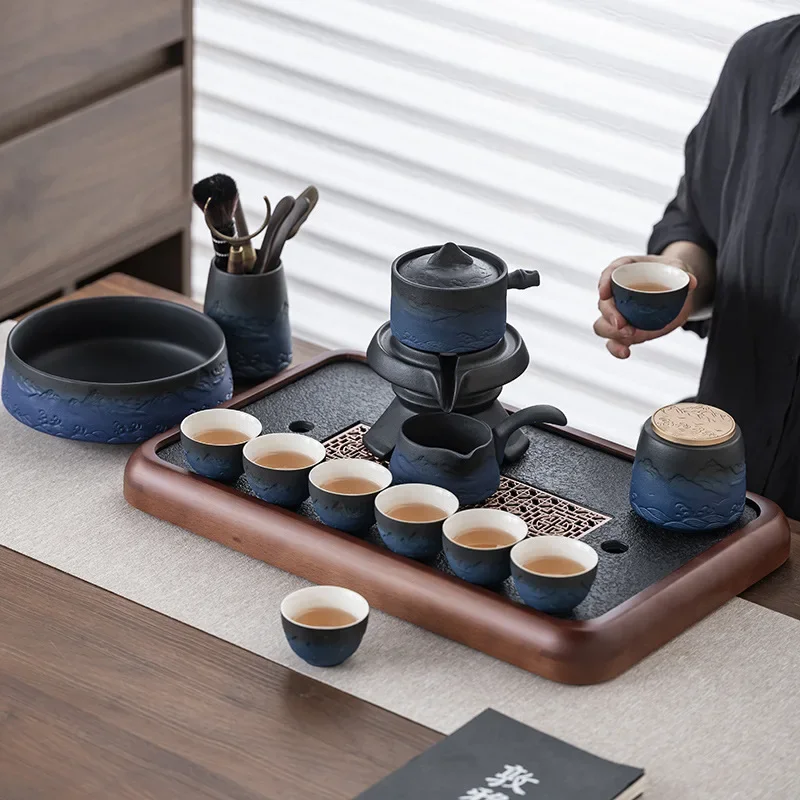Tea Tools Set Black Pottery Automatic Graphite Rotating Kung Fu Tea Set Kettle Supplies Gifts Teapot Artifact  Cup  Tray