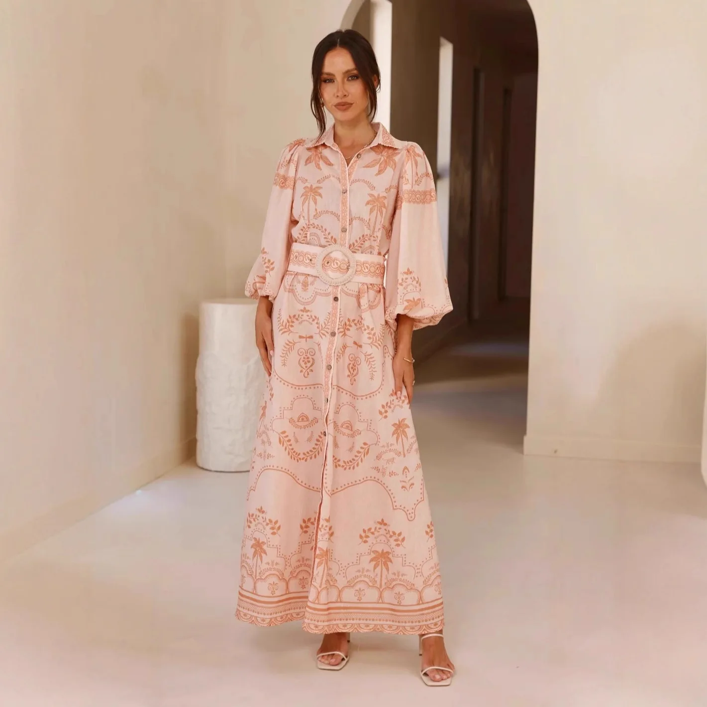 

European and American style linen loose casual dress with belt waist and puff sleeves