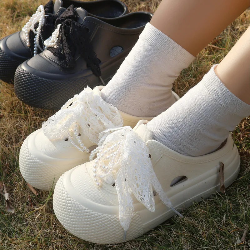 

2025 New Summer Shoes Platform Slippers For Women Indoor Beach Slides DIY Lace Pearl bow knot Clogs Girls Fashion Sandals