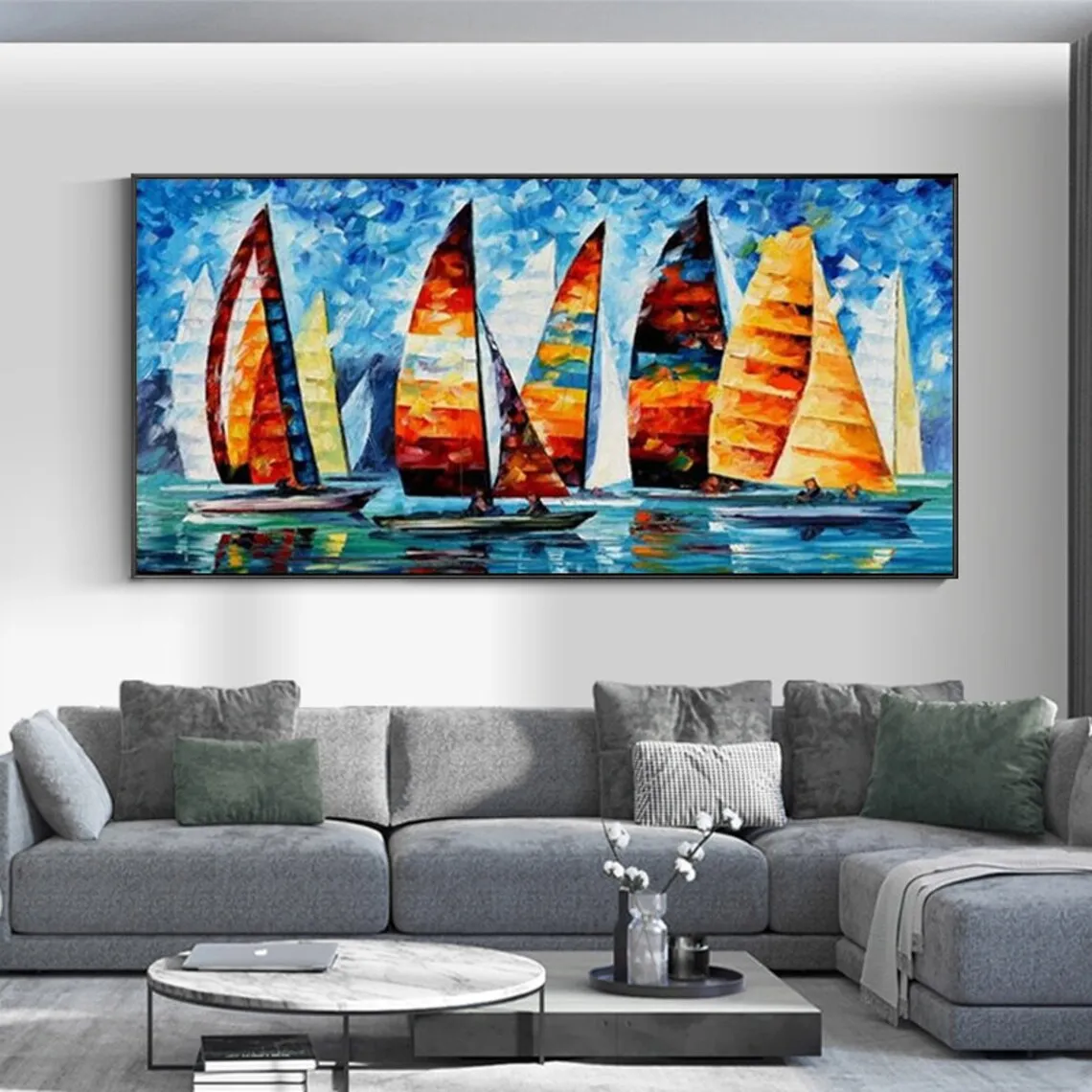 Large Sailboat Oil Painting Handmade Canvas Colorful Harbor Painting Nautical Landscape Painting Seascape Painting Wall Decor