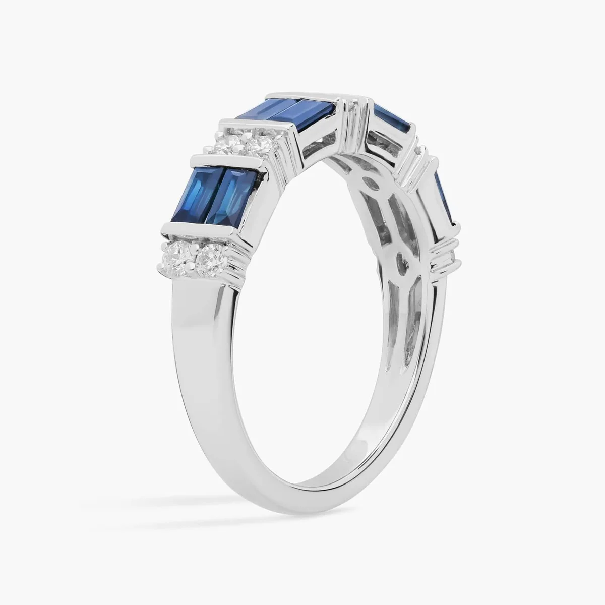 Baguette Lab Grown Sapphire Ring 9K/14K/18K White Gold Lab Sapphire Diamond Ring Round Lab Diamond Accents Engagement Ring