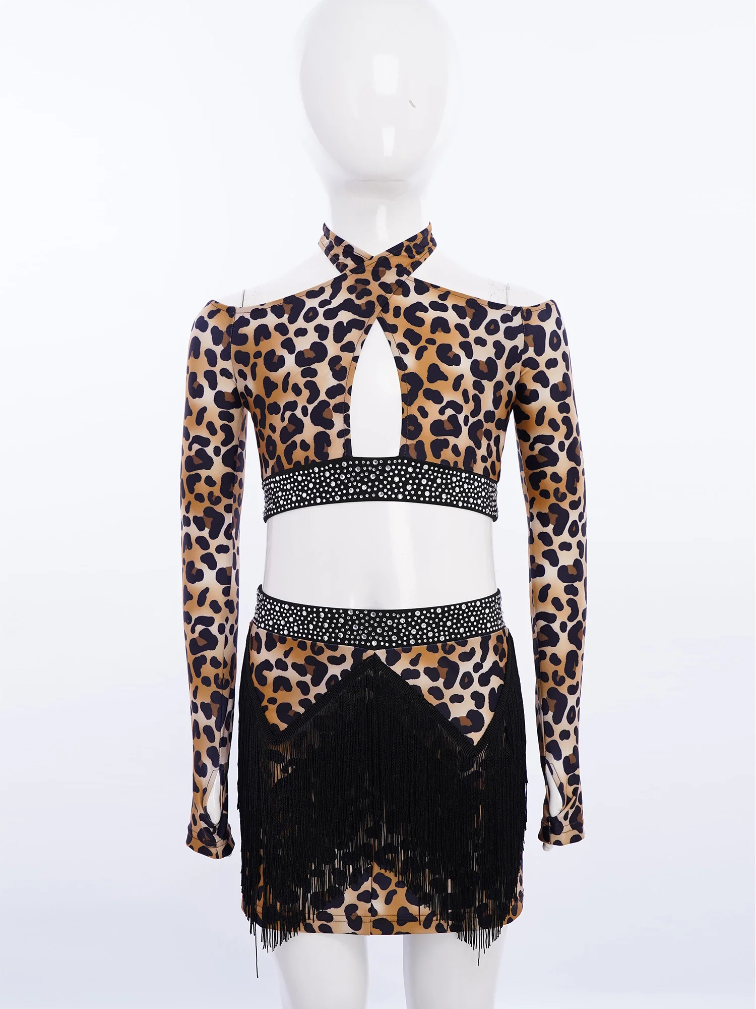 Ballroom Latin Leopard Print Line Fringe Tassle Dress Girls American Dance Cha Cha Samba Tango Costume Competition Practice Wear