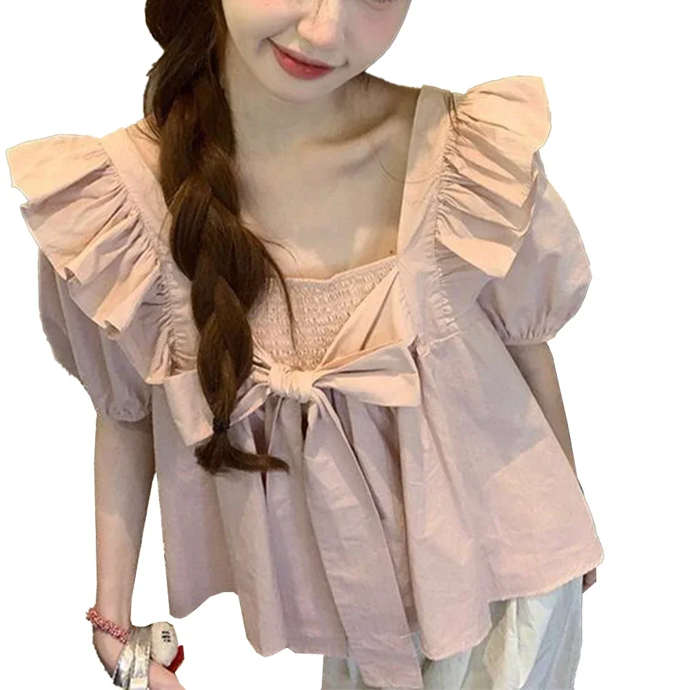 

Women's Fashion Sleeveless Pleated Backless Loose Tops With Bow Back And Sweet Design Korean Square Neck Cute Female T-shirt