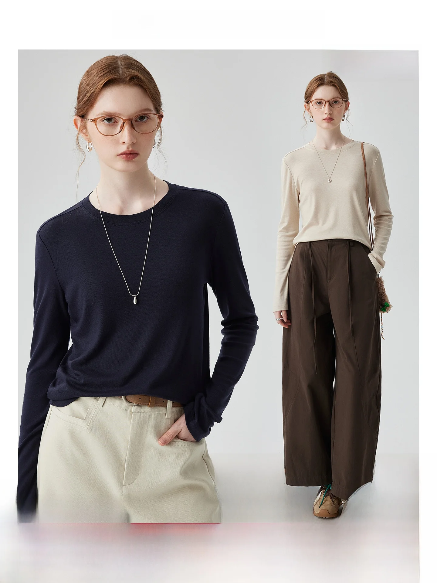 

Leryl Silk Wool Long Sve T-irt Women's Casual Top round Ne Commute Sle Pure Color Loose Fit Inner Wear Base irt