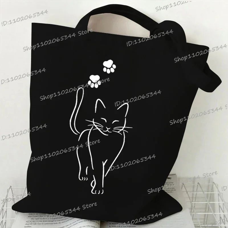 Fashion Canvas Tote Bag Cup of Black Cat Print Large Capacity Teen Shoulder Shopping Bag Cartoon Fashion Kitten Women\'s Handbags