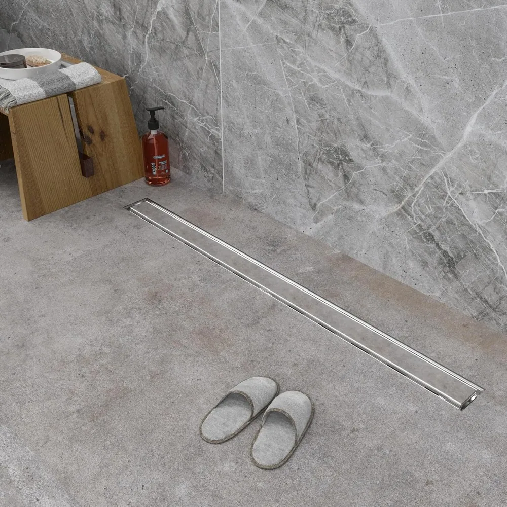 استنزاف دش خطي مقاس 24 بوصة مع غطاء شبكي لإدخال البلاط، استنزاف خطي من الفولاذ المقاوم للصدأ المصقول للحمامات الحديثة