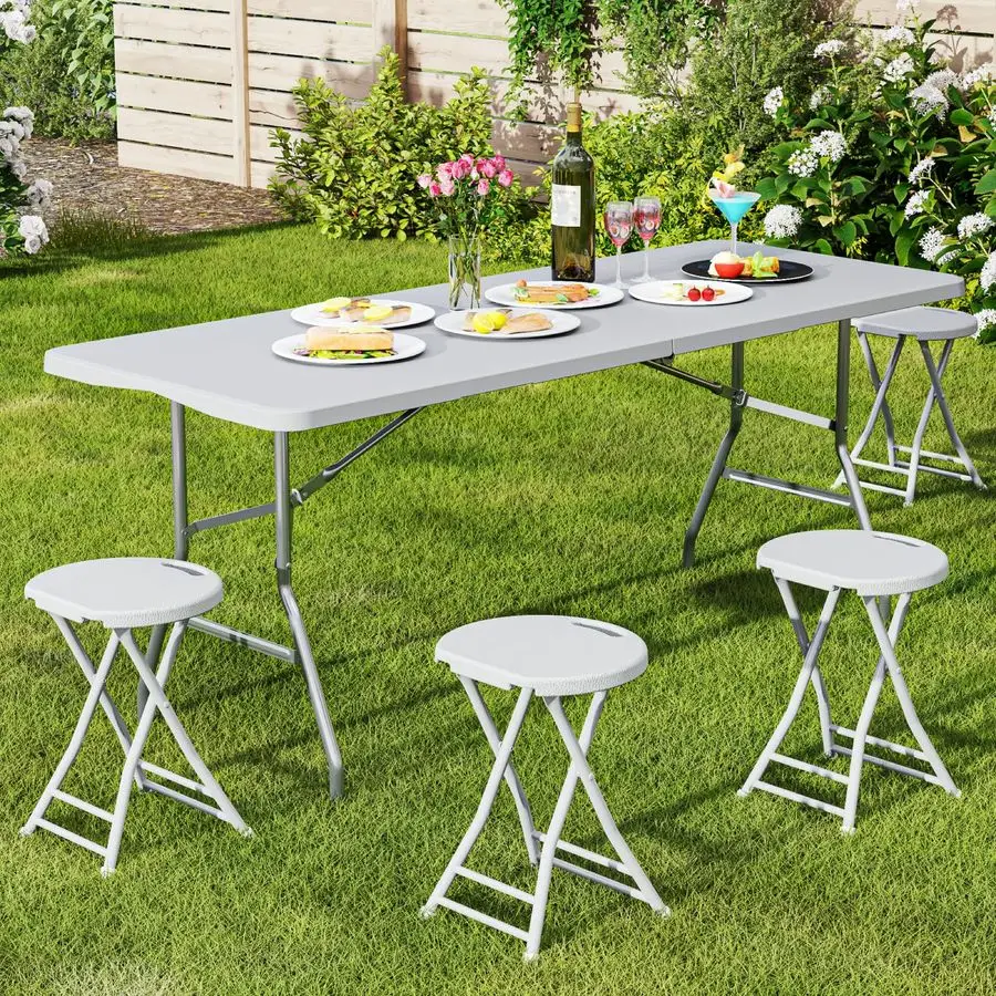 Pack Folding Stools with Foldable Table 6ft, Heavy Duty Dining Table and Chairs with Lock Function amp Carrying Handle, Portable