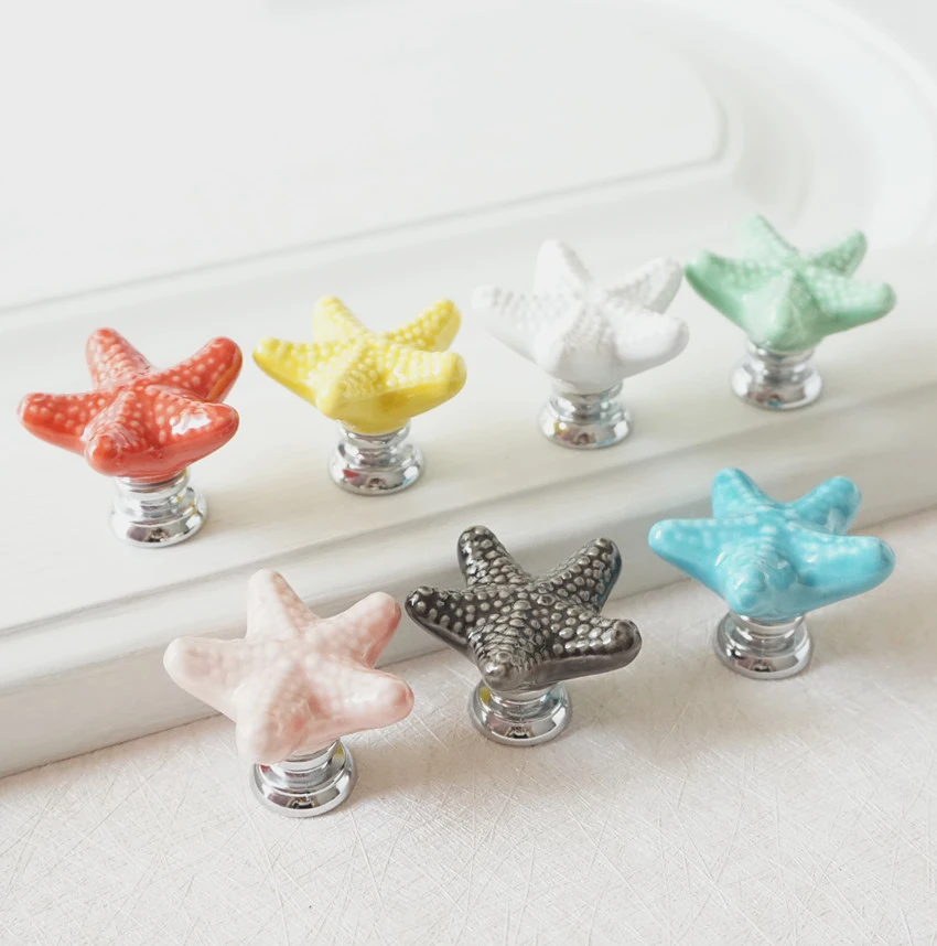 Ceramic Colorful Dresser Knobs Starfish Drawer  Cabinet Knobs Kitchen Cupboard Knobs Decorative Handle Red Pink Yellow