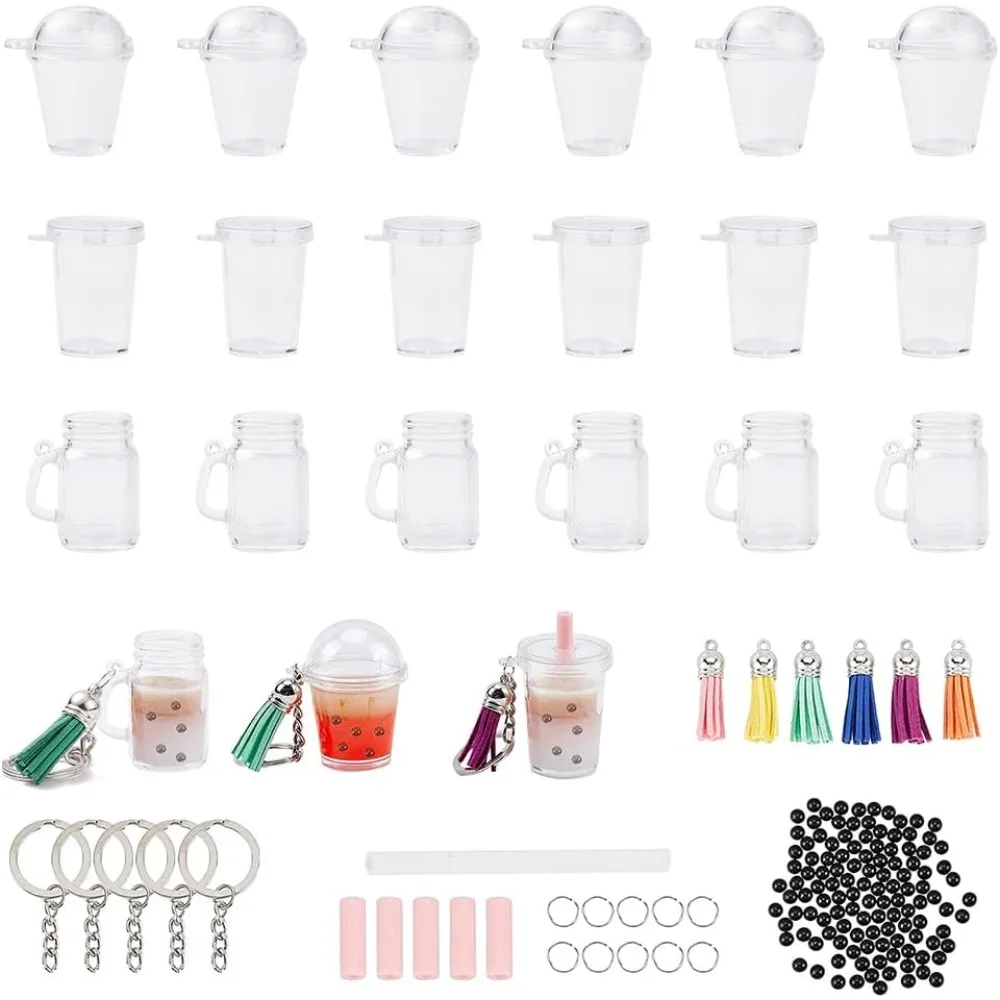 302 Uds Mini llavero de té con leche accesorios crema de té de burbujas Kit de fundición de pegamento Mini taza colgante dijes con llavero anillos borlas
