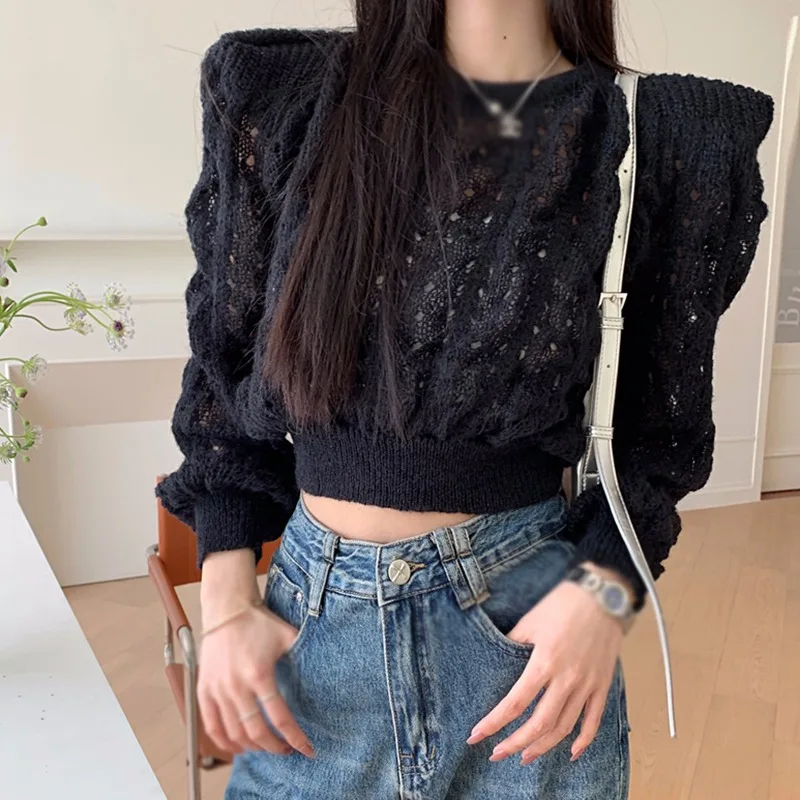 Women Vintage Casual Knit Sweater T-shirt Long Sleeve Hollow Out Solid Pullovers Ladies Autumn Soft Cropped Top Streetwear