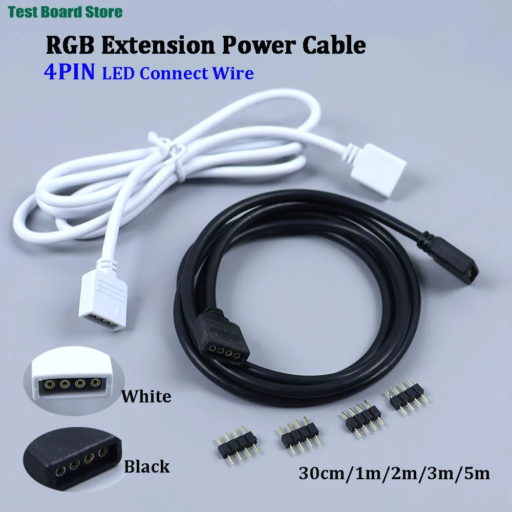 4Pin DC12V Extension Power Cable White Black 0.3m 1m 2m 3m 5m RGB LED Connector Wire With Pin For 2835 5050 Led Strip Light
