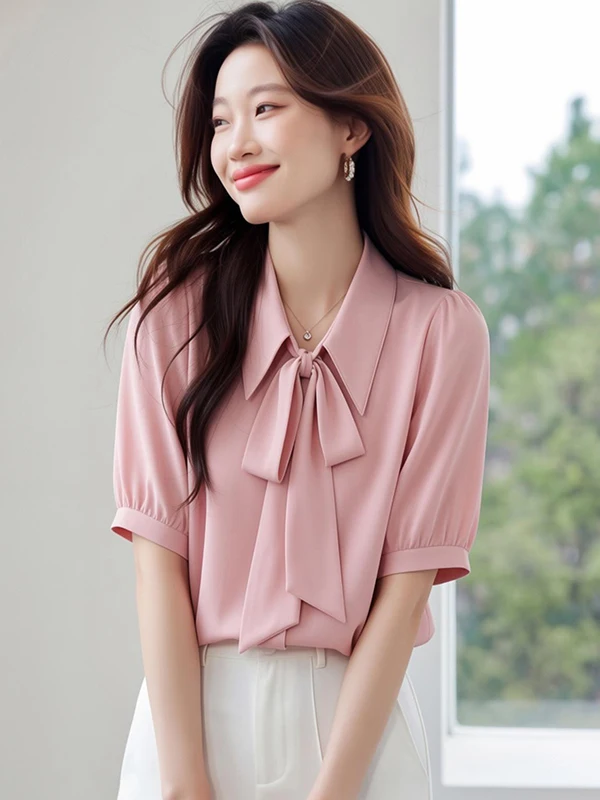 

Розовая шифоновая блузка с бантом, женская, с коротким рукавом, деловой топ, с завязками, из полиэфирного волокна, оригинальный дизайн, летняя мода 2026