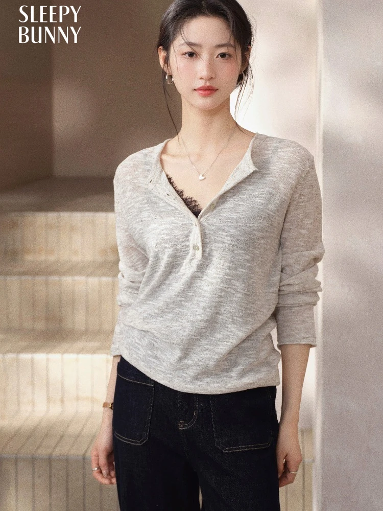Women Knit Top Linen Long Sleeve Lightweight Sweater Casual Breathable Slim Fit Spring Layering Pullover Soft Minimalist Shirt