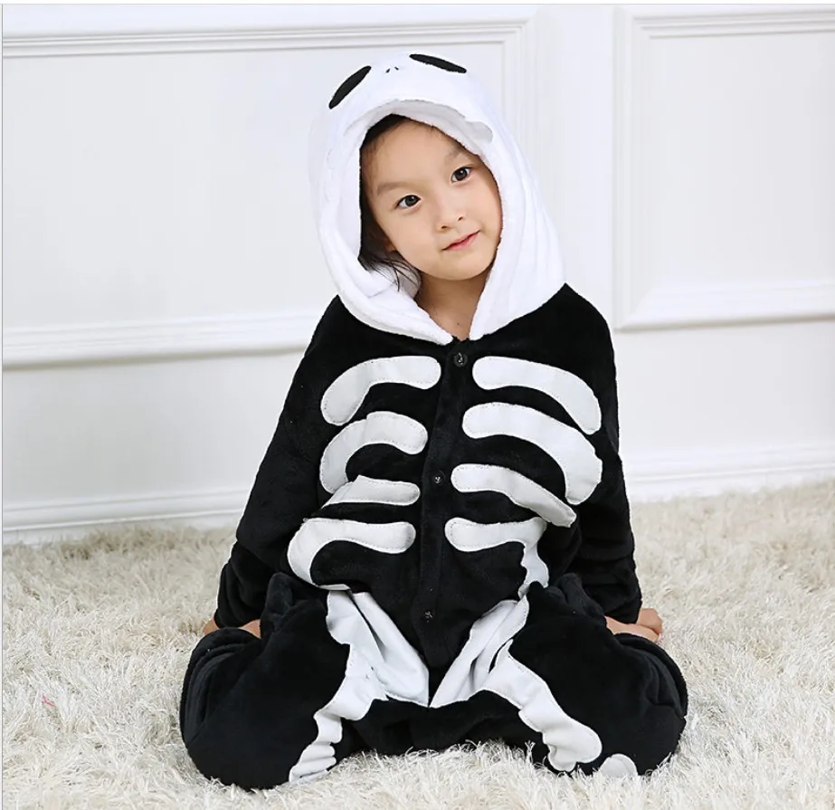 Child Funny Skeleton Bodysuit Costume Kids Fancy Pajamas Boy Girl Halloween Carnival Party Performance Clothes Plush Sleepwear