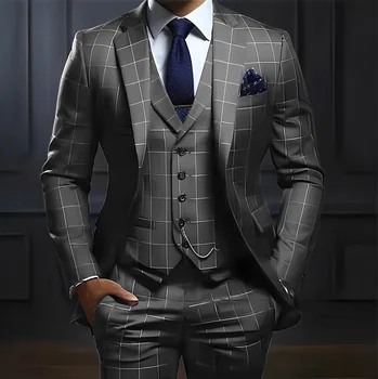 Plaid Men's suit 3 piece Suit Formal Business Work Clothes Party Groom Wedding Tuxedo Custom Color XS-5XL Suit Men 5