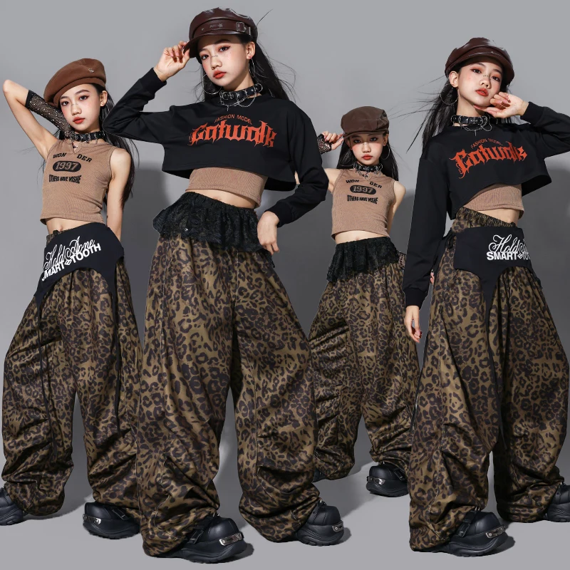 

Детская одежда для джазовых танцев, сценический наряд Kpop для девочек, леопардовые брюки, черный укороченный топ, модный костюм для уличных танцев AMY2946